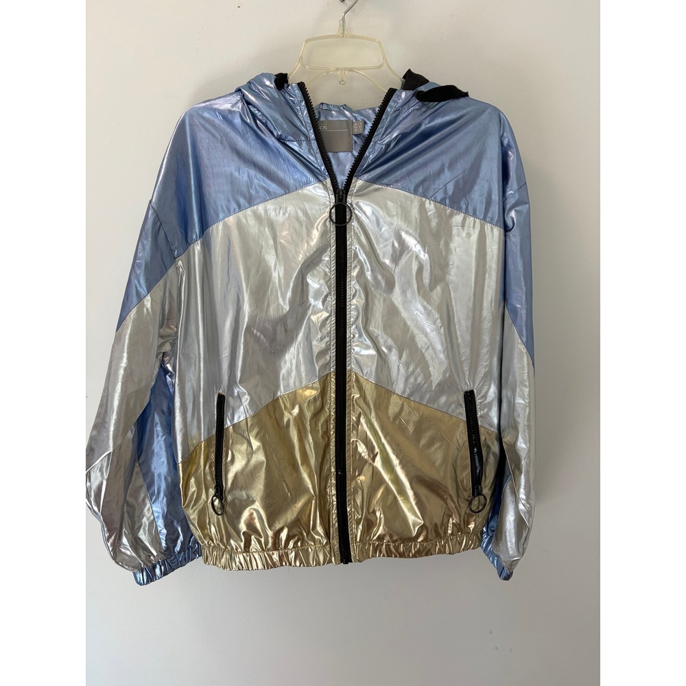 ASOS Metallic Windbreaker Women US 2 Colorblock Blue Silver Gold Festival Rave
